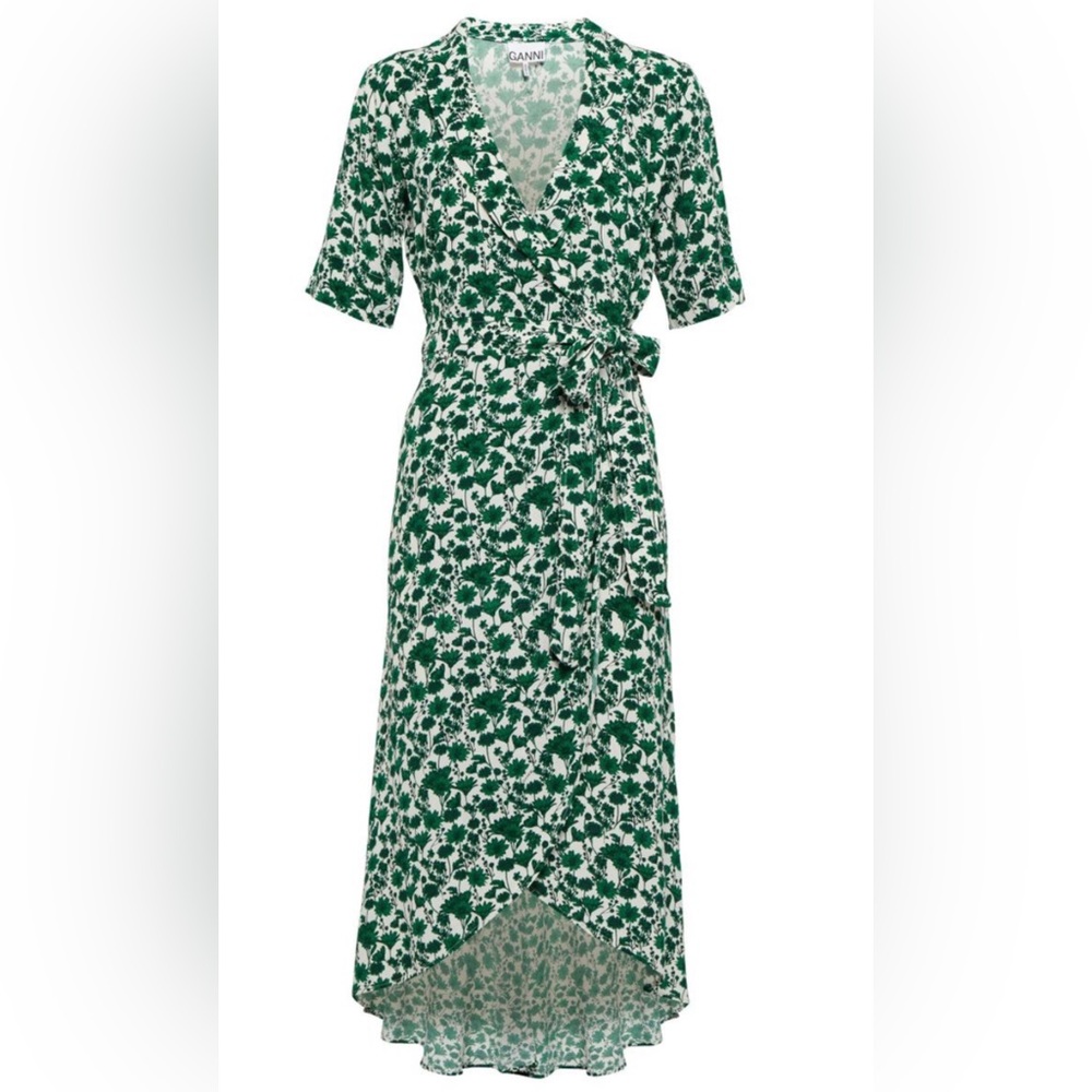 NWT Ganni Women's Green Floral Crepe Wrap Dress - size 36